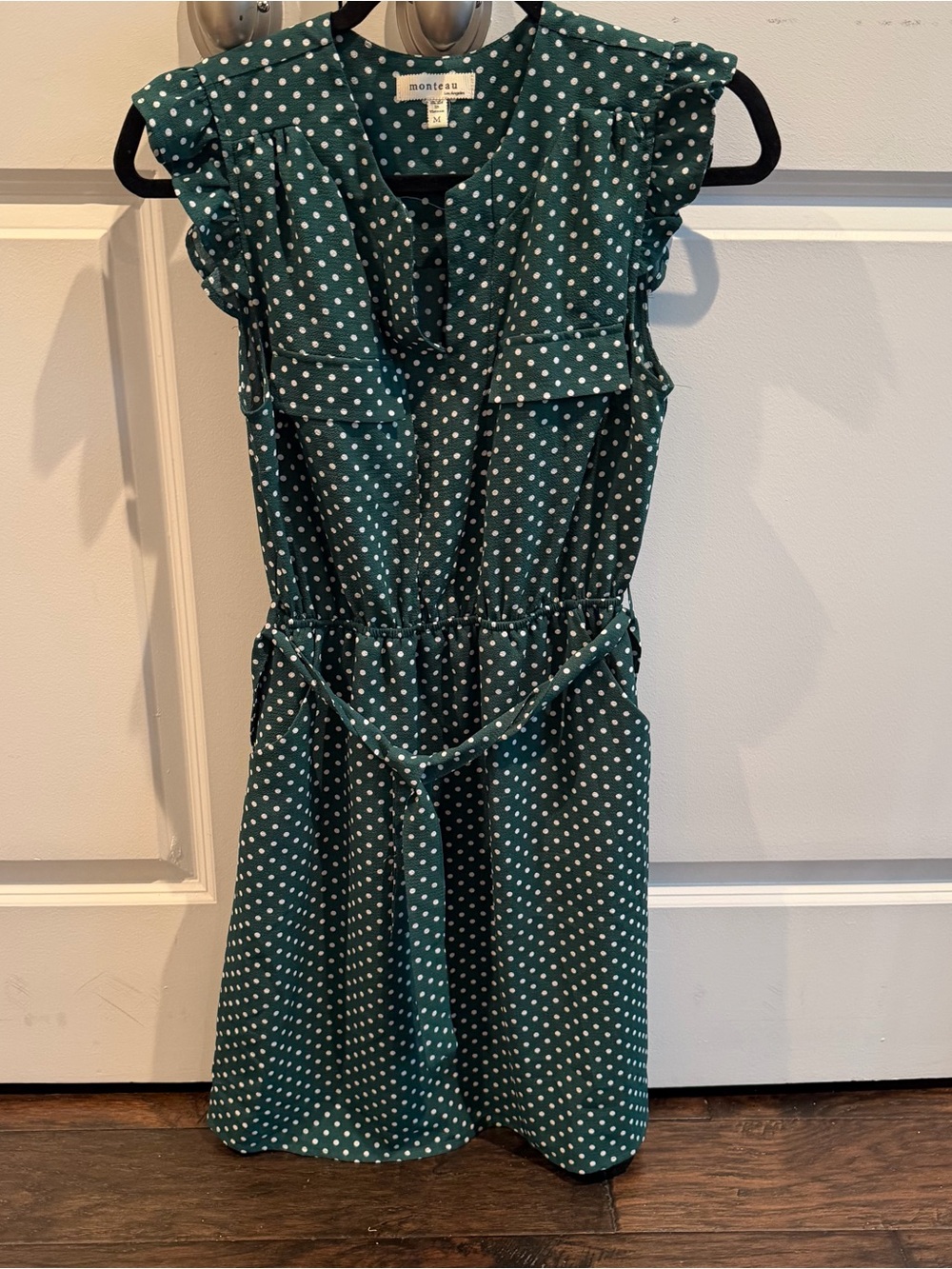 Monteau green white polka dot dress with removable belt